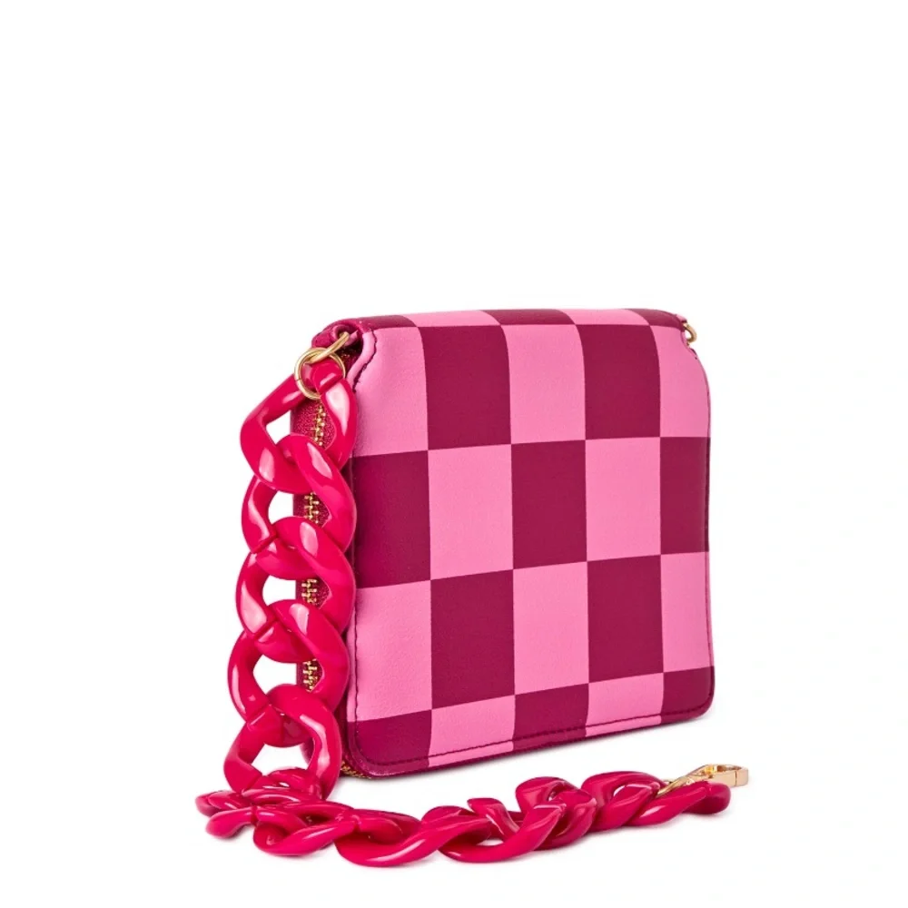 Pink light pink checkered acrylic chainlink wristlet purse clutch wallet new